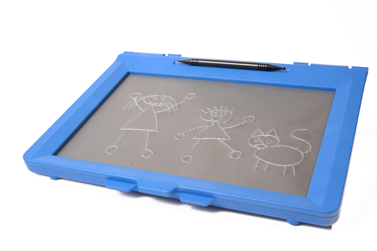 A angle view of a blue intact sketchpad with a drawing of two stick figures and a cat